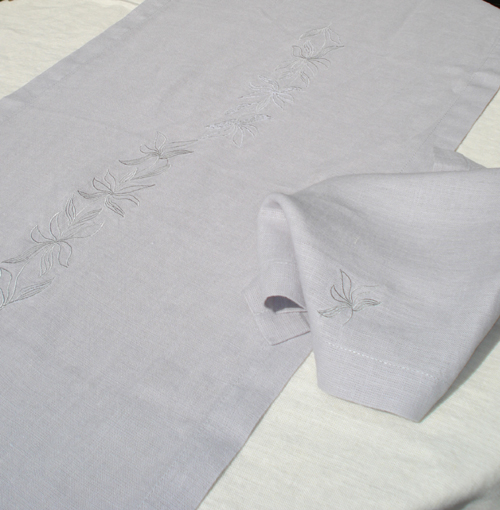 Hemp Runner - Ice Grey with Vine Embroidery, 40cm x 180cm